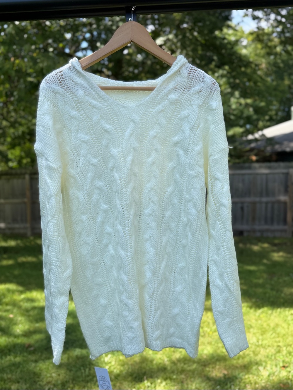 Cream White Open Cable Knit Hooded Sweater Women XXL V-Neck Slouchy Pullover - Picture 2 of 12